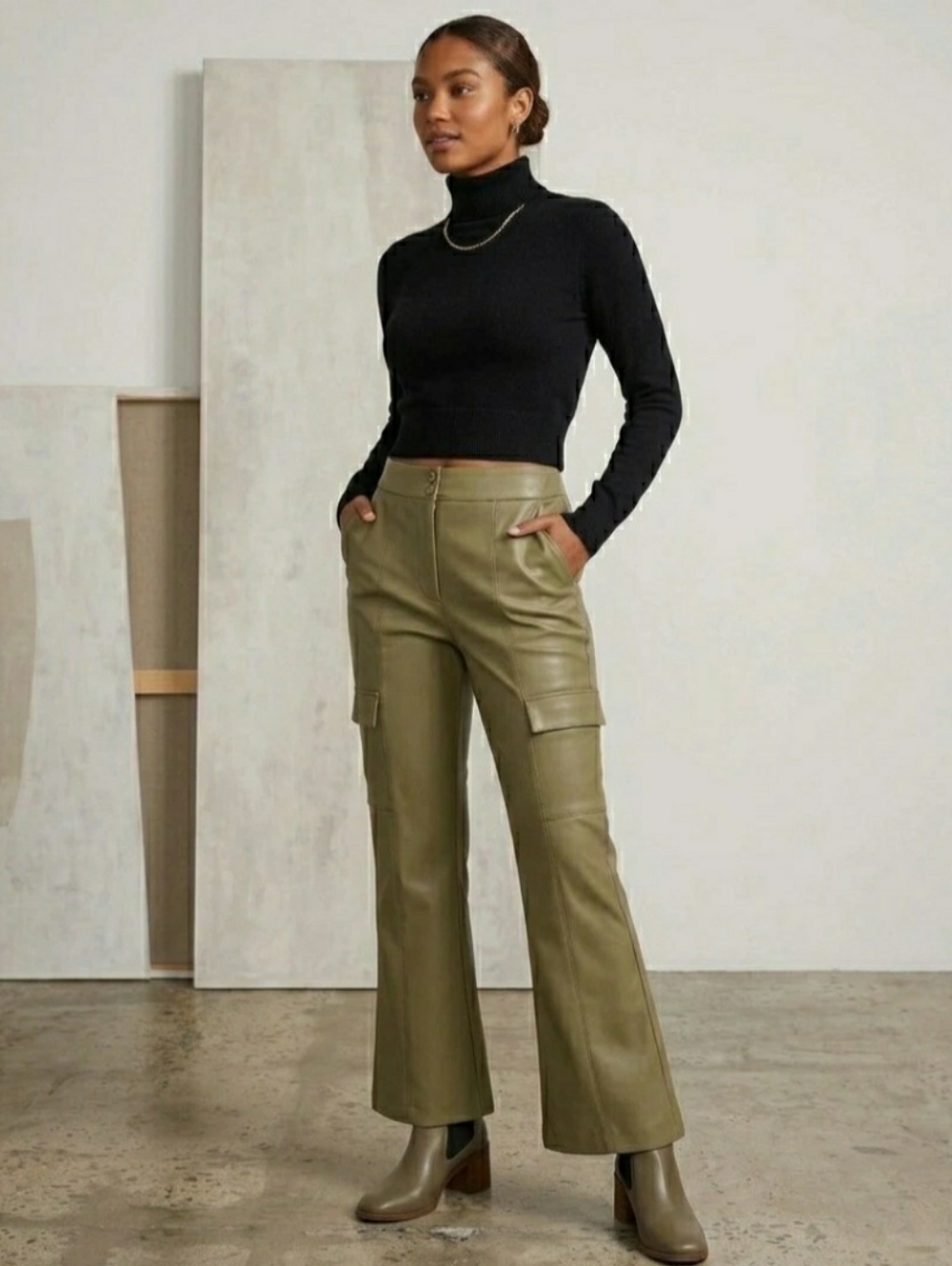 Native Youth Faux Leather Pants Women LARGE 32X29 Bootcut High Rise Big Pockets